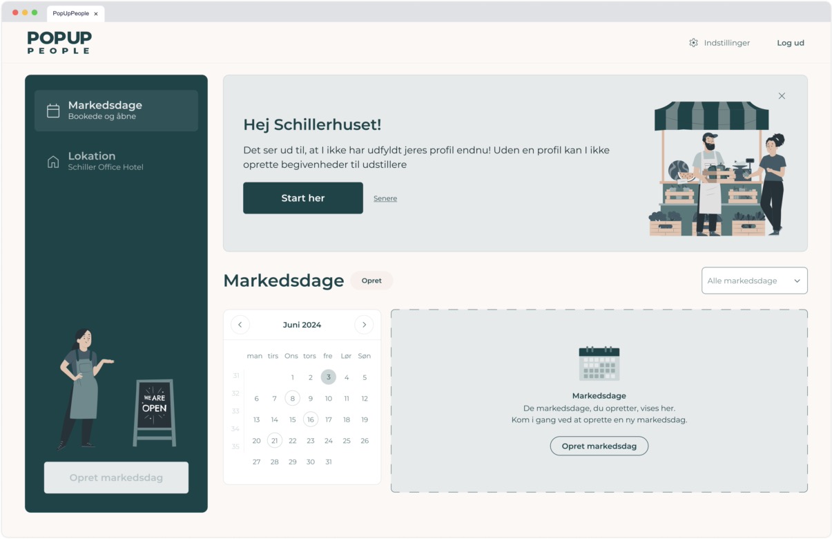 Prompt banner encouraging location to complete their profile before creating events, with a "Start her" button and an illustration of vendors.